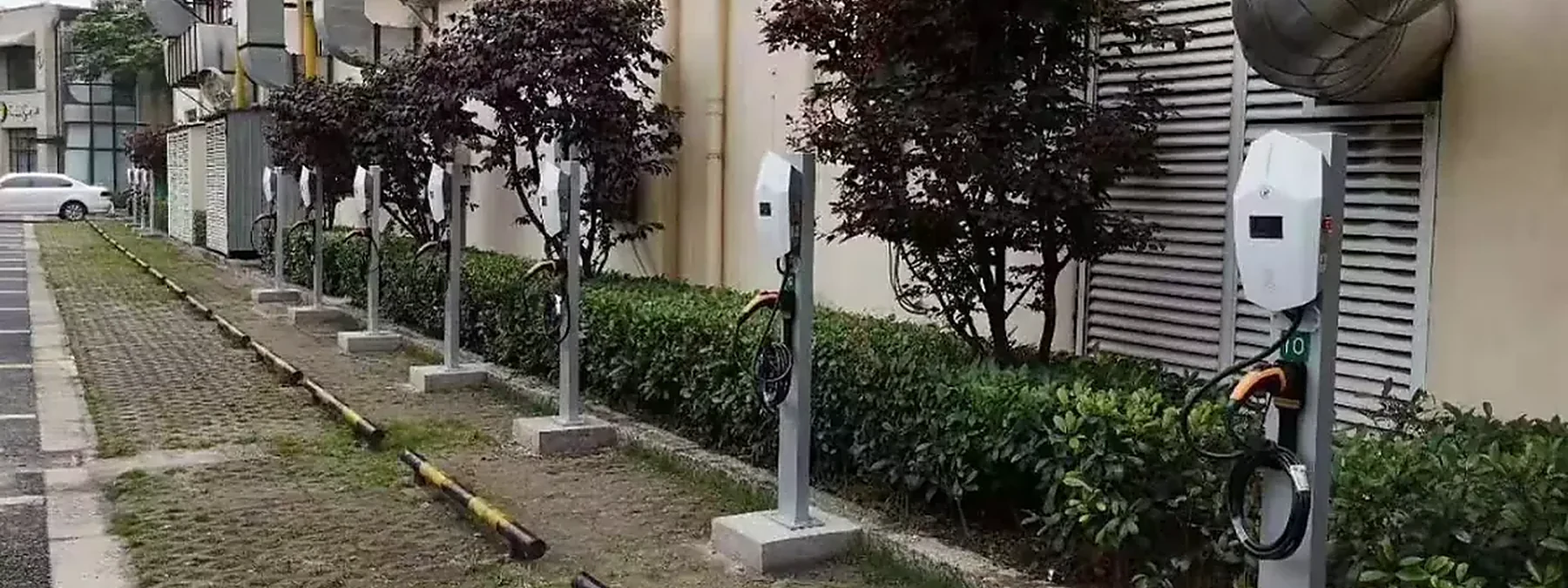 Workplace EV charging stations installed along a parking area